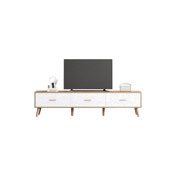 TV-hylly ja puinen TV-pöytä - Olohuoneen makuuhuoneeseen, vaaleanpuun väri, valkoiset teksturoidut vintage-ovimateriaalit. 150*35*39 cm