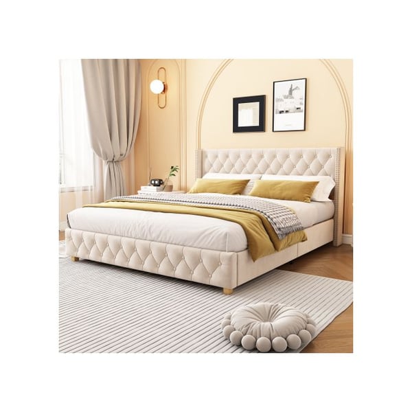 Lit - MUVOE - 180x200 cm - Polstret - Hovedgærde med knapper - Lys beige