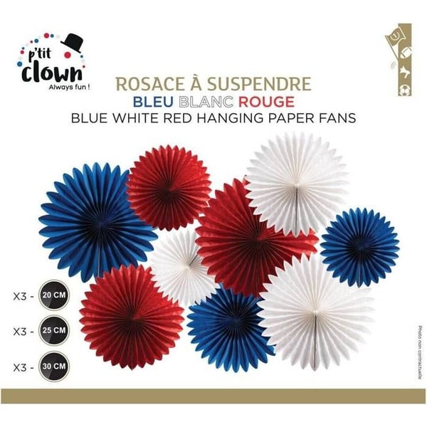 Hängande rosetter - PTIT CLOWN - set om 9 - papper - 20/25/30 cm - blå, vit, röd