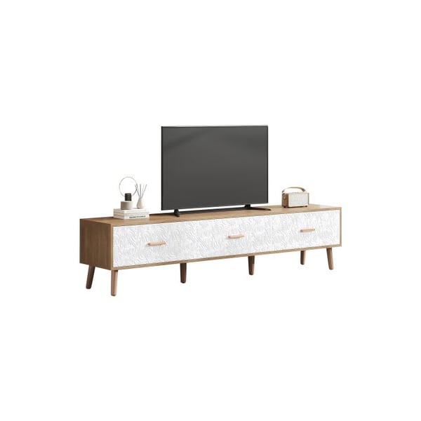 TV-hylly ja puinen TV-pöytä - Olohuoneen makuuhuoneeseen, vaaleanpuun väri, valkoiset teksturoidut vintage-ovimateriaalit. 150*35*39 cm