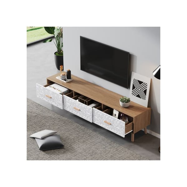 TV-hylly ja puinen TV-pöytä - Olohuoneen makuuhuoneeseen, vaaleanpuun väri, valkoiset teksturoidut vintage-ovimateriaalit. 150*35*39 cm