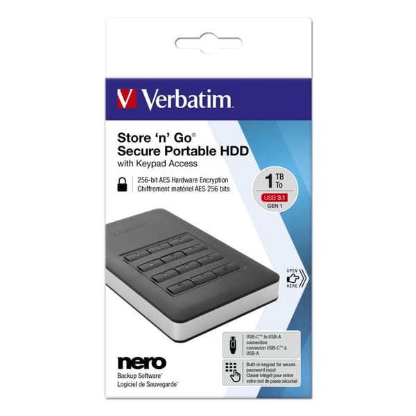 HDD Store 'n' Go säker extern hårddisk med tangentbordsåtkomst - VERBATIM - 1 TB - USB 3.1 Gen 1