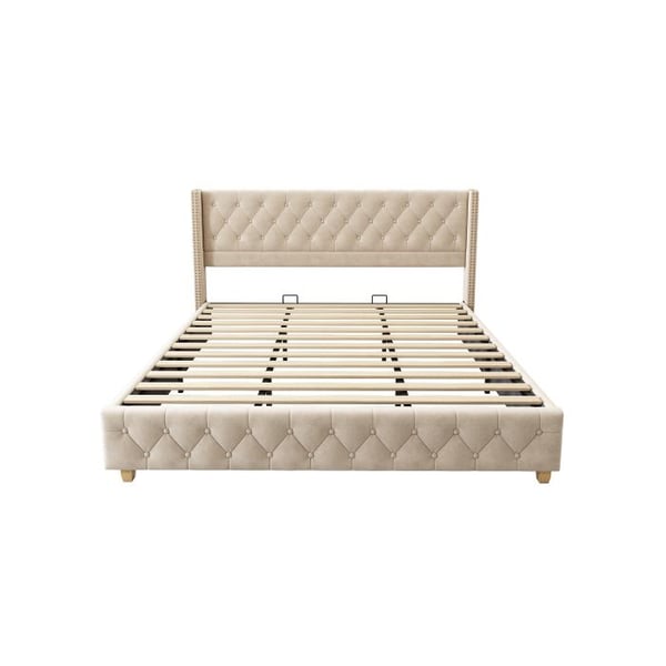 Lit - MUVOE - 180x200 cm - Polstret - Hovedgærde med knapper - Lys beige