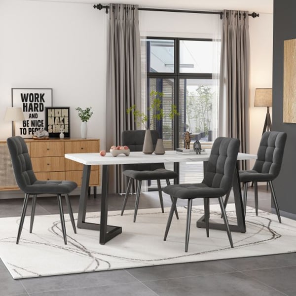 Spisebord - MUVOE - 117 cm - 4 stole - Mørkegrå velour - Sorte ben