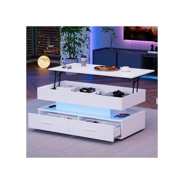 Hydraulisk soffbord - MUVOE - Höjdjusterbar - 2 lådor - LED-belysning - Vit