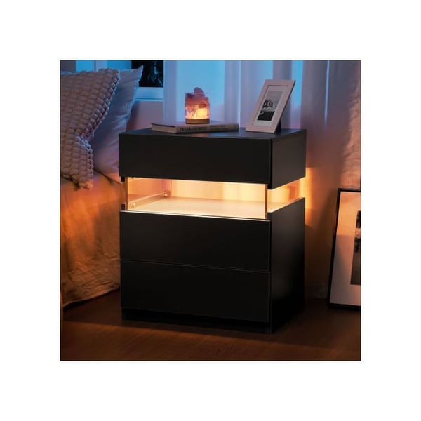 LED natbord - MUVOE - Sort - 3 skuffer - Akrylpanel - Multifarvet belysning