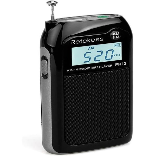 Retecess PR12 Small Portable Radio, Mini Rechargeable FM AM Radio, DSP, MP3-uppspelning, TF-kort, Högtalare, LCD-bakgrundsbelysning