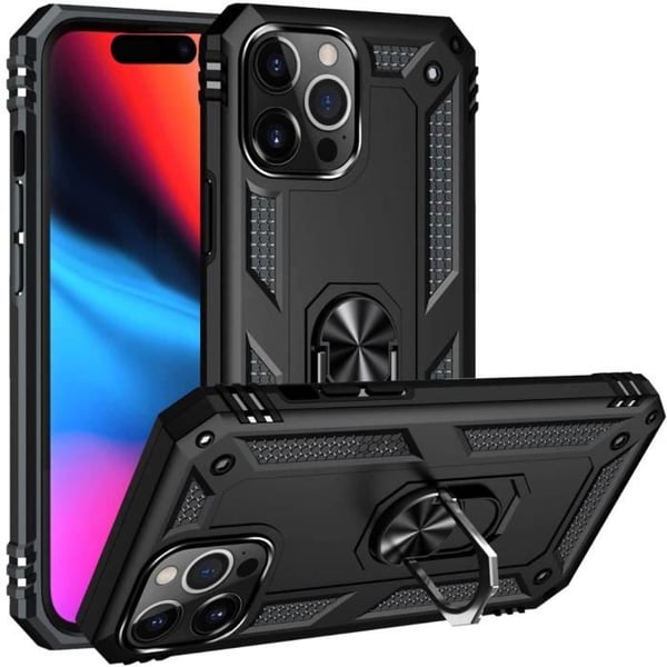 Svart fodral till iPhone 14 PRO - Stötsäkert skydd Militärstil Robust Ring 360 Roterande Phonillico®