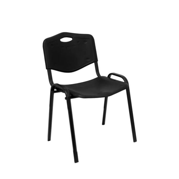 Paket med 4 konfidentiella, ergonomiska, stapelbara multifunktionsstolar med svart struktur. sits och rygg i svart PVC.