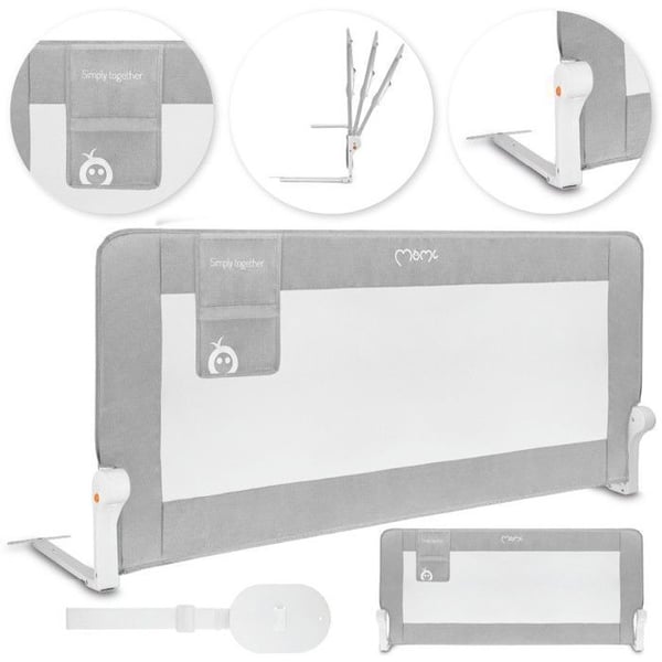 MoMi LEXI PLUS XL - Babyseng barriere 150×66 cm - Foldbar 180° - Sikkerhedssystem - Åndbart net - Stor lomme - Grå