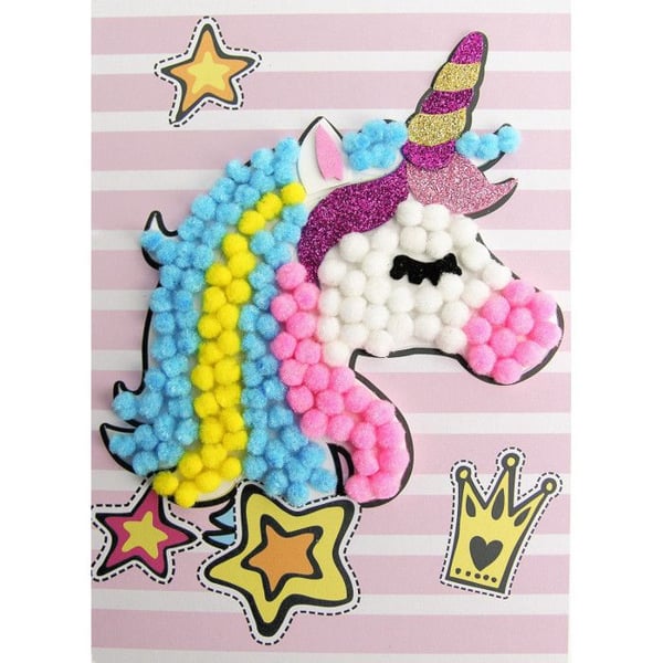 Kreativkit - Enhörning - 15 x 21 cm - Flerfärgade pom pom - Rolig aktivitet - För barn från 3 år