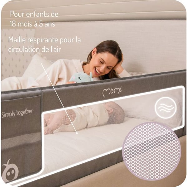 MoMi LEXI PLUS XL - Babyseng barriere 150×66 cm - Foldbar 180° - Sikkerhedssystem - Åndbart net - Stor lomme - Grå