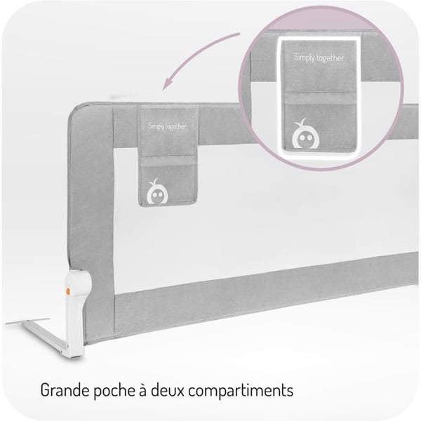 MoMi LEXI PLUS XL - Babyseng barriere 150×66 cm - Foldbar 180° - Sikkerhedssystem - Åndbart net - Stor lomme - Grå