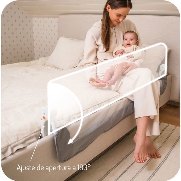 MoMi LEXI PLUS XL - Babyseng barriere 150×66 cm - Foldbar 180° - Sikkerhedssystem - Åndbart net - Stor lomme - Grå
