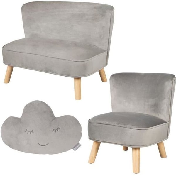 ROBA Soffgrupp och Barnfåtölj Lil Sofa + Dekorativ Kudde Moln - Set i Sammet - Silvergrå