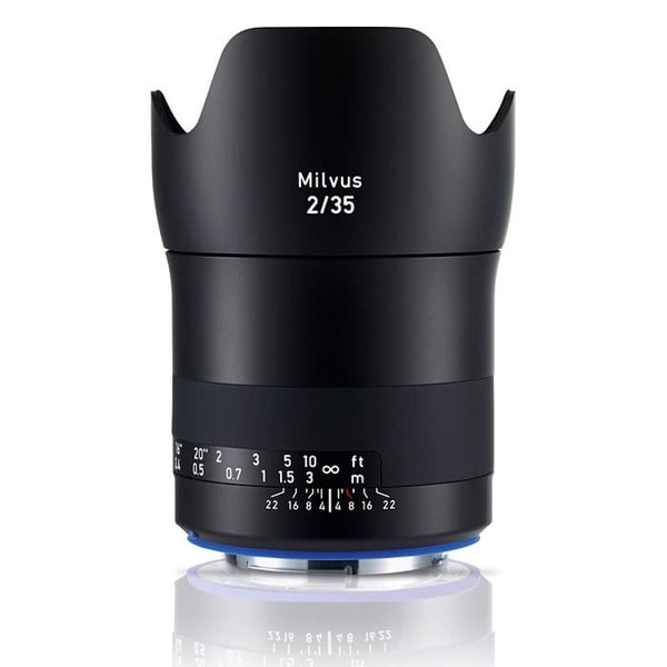 Zeiss Milvus T* 35mm f/2 objektiv, kompatibel med Canon + solskydd