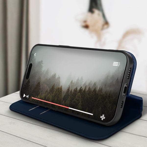 Plånboksfodral för iPhone 15 Plus med magnetlock och stöd i midnattsblå