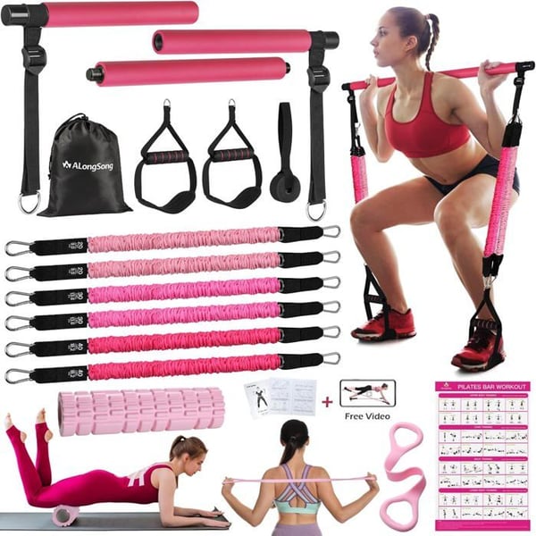 Pilates Bar Kit med 6 elastiska motståndsband 30-360 LBS, Elastic Bodybuilding Kit för män och kvinnor, Yoga Fitness