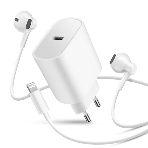 USB-C 20W Laddare - AVIZAR - Lightning Trådade Hörlurar - Vit - Snabbladdning - Handsfree Kit