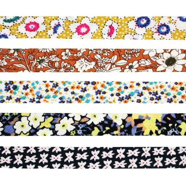 MégaCréa DIY - Biais bomull 1 cm x 1 m Blommor blå gul 5 stycken