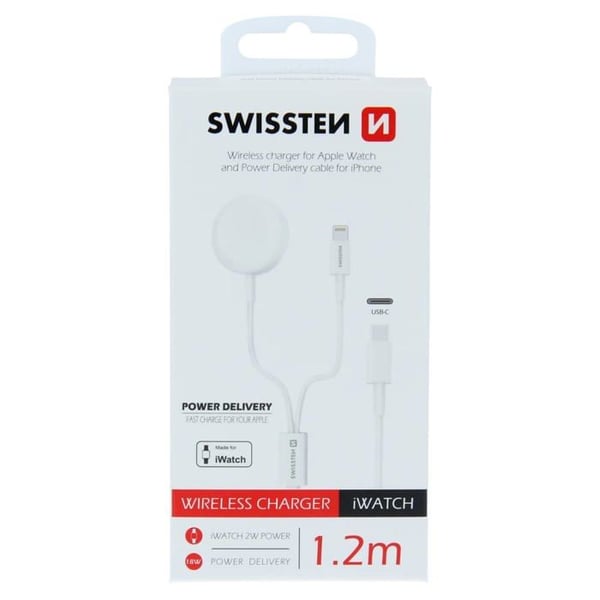 Swissten - 22055510 - Magnetisk, Lightning- och USB-C-kabel för snabbladdning av Apple Watch och iPhone (1,2 m) - Vit
