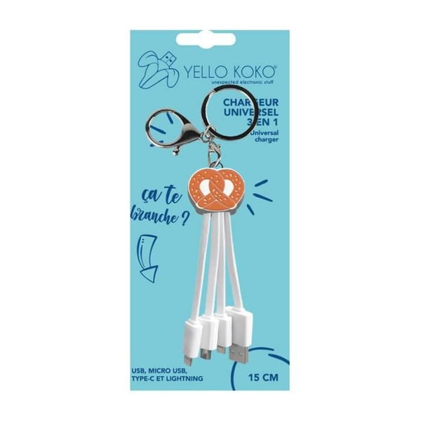 Multikontaktsladd - AVIZAR - YELLO KOKO Bretzel - 3 i 1 (USB-A/USB-C/Lightning/Micro-USB) - 0,15 m - Nyckelring 2A