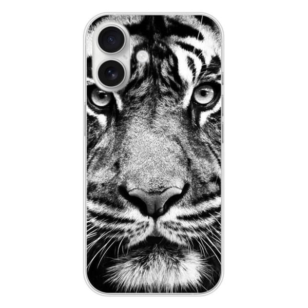 Tryckt silikonfodral som är kompatibelt med Apple iPhone 16 Vit och svart tiger
