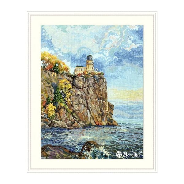 Broderikit MEREJKA « Phare Split Rock » – 39x30 cm, Aida 16ct blå glaciär, DMC-trådar