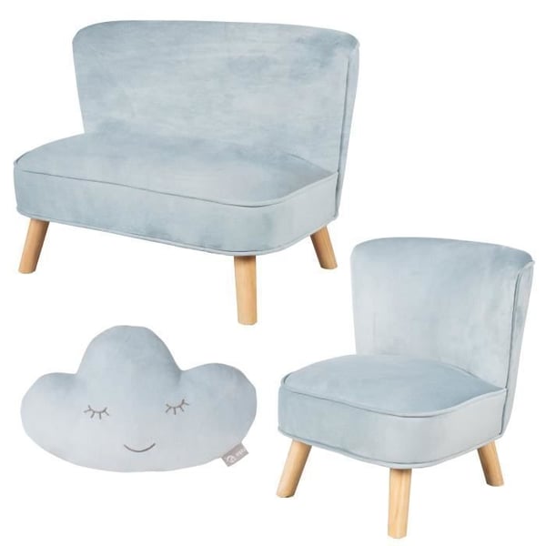 ROBA Soffa och Barnfåtölj Lil Sofa + Dekorativ Kudde Moln - Set i Sammet - Ljusblå