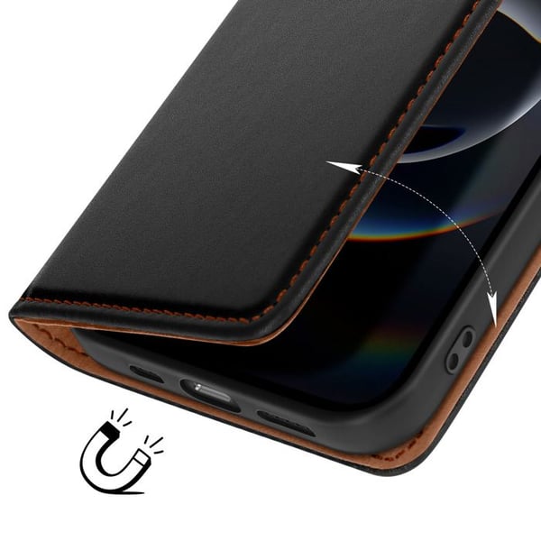 Läderfodral för iPhone 17 med kortfack och videostöd i svart