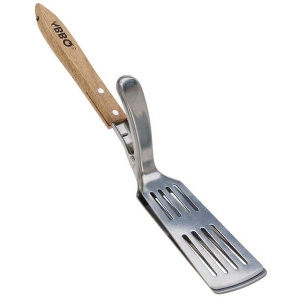 Grillspatel 2-i-1 - BBQ - 40 cm - Rostfritt stål - Naturligt trä - Perforerad yta - Klämma mekanism