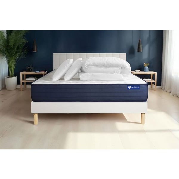 Komplett sängpaket 200x200 cm - Madrass + Sängbotten Vit (i kit) + 2 kuddar + Täcke - Actimemo Li