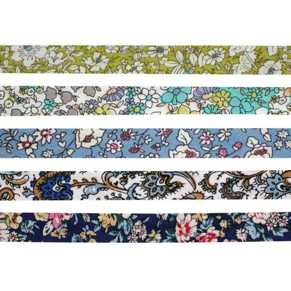 MégaCréa DIY - Biais bomull 1 cm x 1 m Blommor blå grön 5 stycken