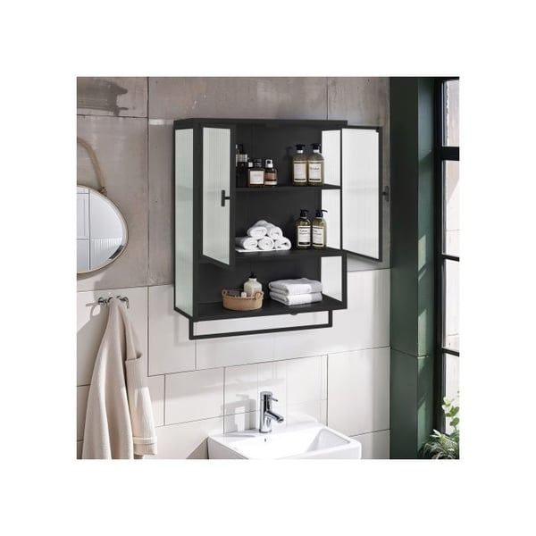 Moderne skab med dobbeltdør i glas, bredde 60 cm, med åbne hylder og håndklædeholder, sort finish.