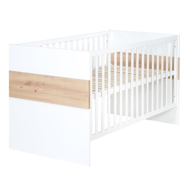 ROBA Evolutiv Spjälsäng Lejon Justerbar på 3 Höjder - 70 x 140 cm - Omvandlingsbar till Junior Säng - Vit / Trädekor