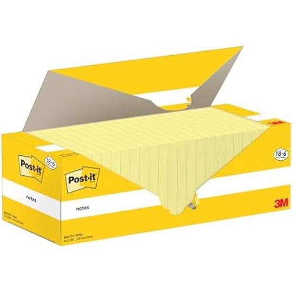 Sticky Notes - POST-IT - Promo Pack 18 Block + 6 GRATIS - Kanariegul - 100 Ark - 76 mm x 127 mm