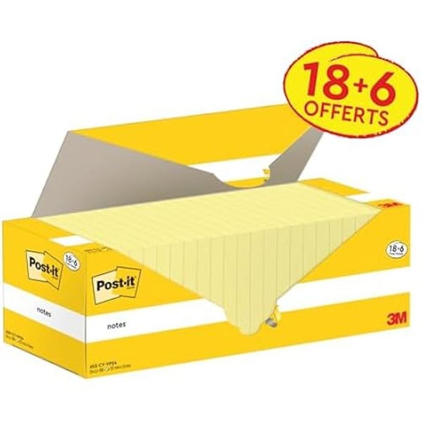 Sticky Notes - POST-IT - Promo Pack 18 Block + 6 GRATIS - Kanariegul - 100 Ark - 76 mm x 127 mm