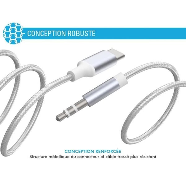 USB-C Ljudkabel - FORCE POWER - 1,2m - Förstärkt Vävd Nylon - Klar Ljud - 3,5mm Jack