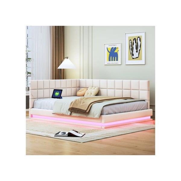 Polstret sofa-seng 140*200 Multifunktionel seng med LED-lysbar, USB-stik og lamelbund