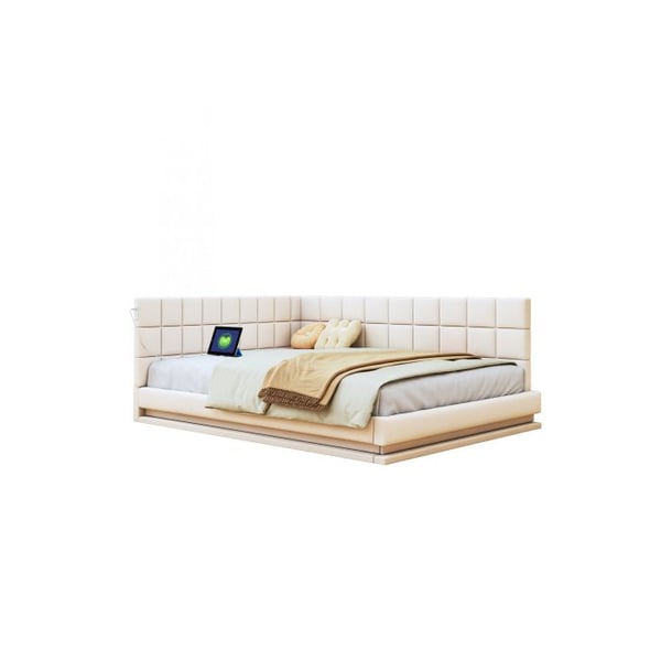 Polstret sofa-seng 140*200 Multifunktionel seng med LED-lysbar, USB-stik og lamelbund