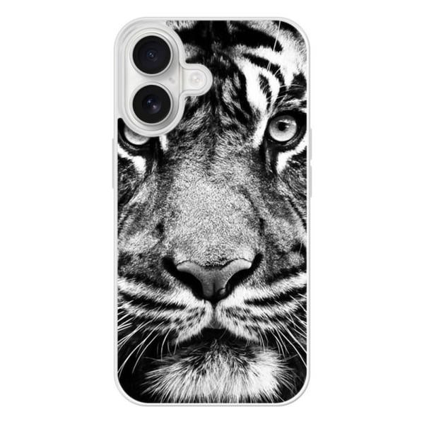 Siliconförstärkt tryckt skyddshölje kompatibelt med Apple iPhone 16, vit och svart tiger.
