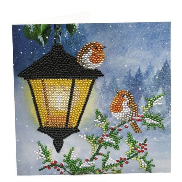 CRYSTAL ART Kit kort för diamantbroderi 18x18cm Rödhakar på vintern