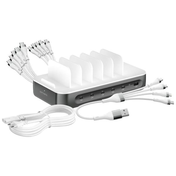 Laddstation - 4SMARTS - Multiport 100W - 5 USB-C + 1 USB - 6 Kablar Inkluderade - Grå