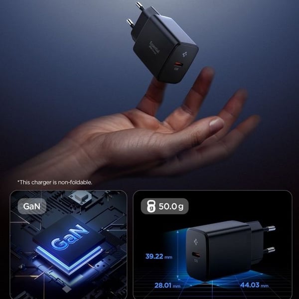 USB-C vægoplader - SPIGEN - Essential EE201EU - 20 W - GaN teknologi - Hurtig opladning
