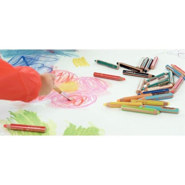 Etui med 6 pastelfarvede STABILO woody 3in1 farvekridt + 1 blyantspidser