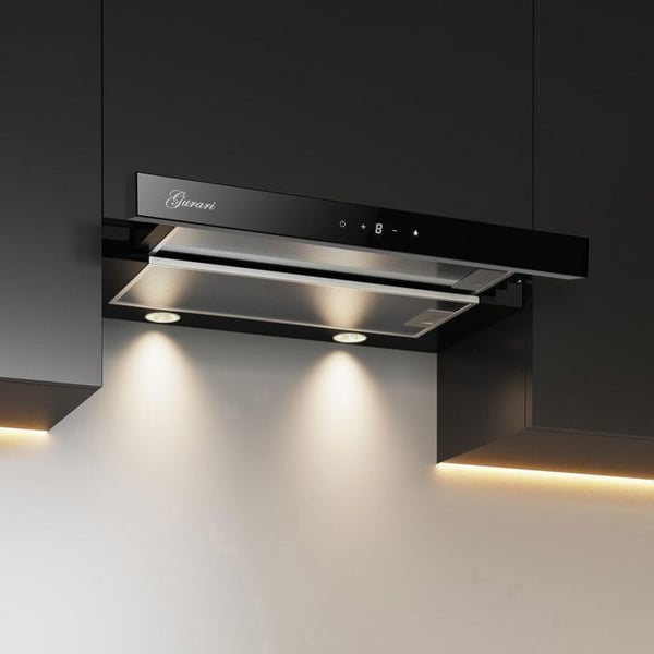 Inbyggd teleskopisk köksfläkt 60 cm GURARI 3003C • 1000 m³/h • Svart glas • Touch Control • Integrerad filtergrupp