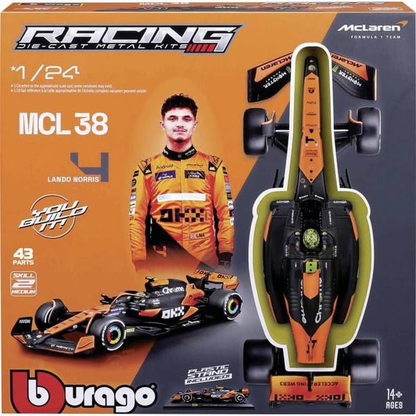 Bburago F1 KIT McLaren MCL38 med hjelm, #4 Norris 1:24 Modelbil