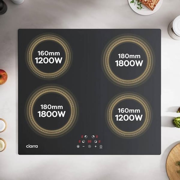 CIARRA Induktionshäll 6000W 4 Zoner 9 Power Timer Vitrokeramiskt matlagningsbord 59cm
