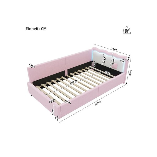 Seng i dag - MUVOE - 90x200 cm - Rosa - Lamelseng - LED-belysning