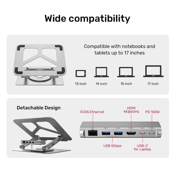 UNITEK Hub USB 3.1 tyypin C 2 porttia USB 3.0 - RJ45 - HDMI 4K - PD 100W kannettavalle tietokoneelle tarkoitettu tuki
